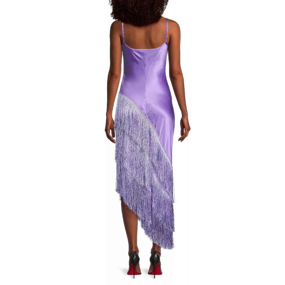 Delfi Collective 100% Silk Cristina Asymmetrical Fringe Dress Lavender Purple L - Picture 2 of 10
